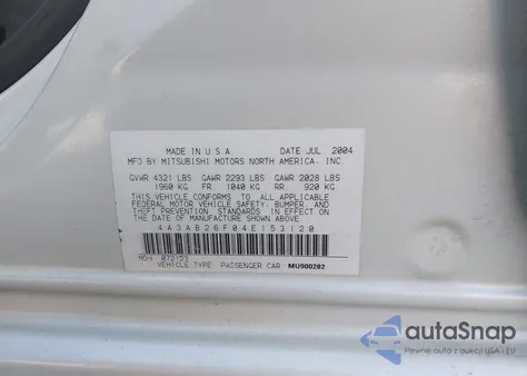 2004 Mitsubishi Galant De z USA, uszkodzony, nr VIN 4A3AB26F04E153120